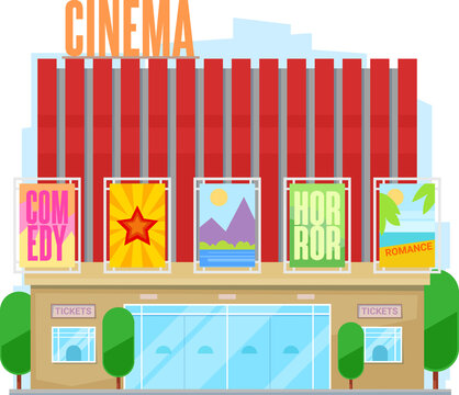 Cinema urban building, movie theater facade icon