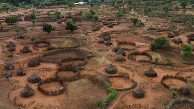 Typical Fenced And Thatched Roof Houses In Hamar Tribe Village, Omo Valley, Ethiopia. Aerial Tilt-down Shot