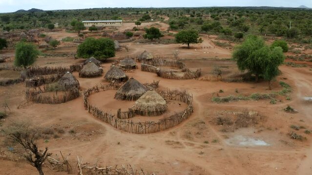 Hamlet In Remote African Landscape In Hamar Tribe, Omo Valley, Ethiopia. Aerial Shot