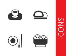 Set Asian noodles in bowl, Soy sauce, Food chopsticks with plate and Sushi icon. Vector