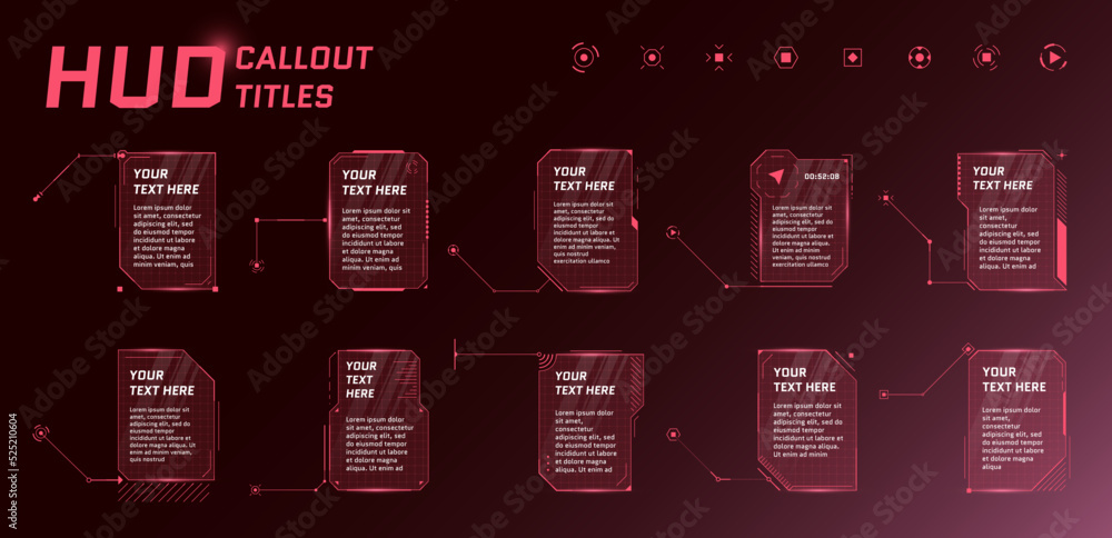 Poster hud futuristic style callout titles on red background. infographic call arrow box bars and modern di