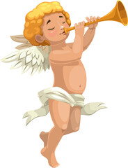 Amur playing on trumpet isolated Cupid - obrazy, fototapety, plakaty