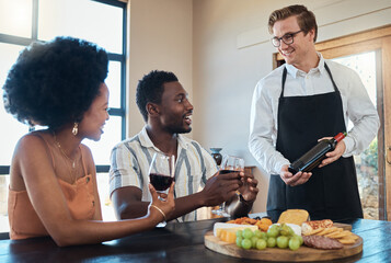 Hospitality industry, restaurant service and waiter showing wine to couple on romantic date,...