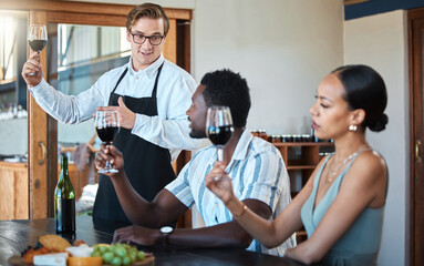 Wine tasting with black couple and professional sommelier explaining the blend and flavor of red wine. Couple enjoying a drink, learning about wine making process at a restaurant with happy winemaker - obrazy, fototapety, plakaty