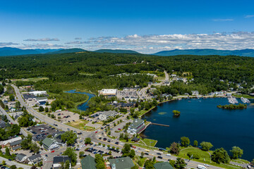 Aerial of the Town of Meredith and Lake Winnipesaukee in Belknap County, New Hampshire. - obrazy, fototapety, plakaty