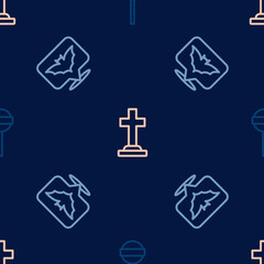 Obraz premium Set line Lollipop, Flying bat and Tombstone with cross on seamless pattern. Vector