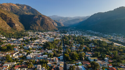 Beautiful aerial view of the Panajachel town next to the Atitlan lake in Guatemala.