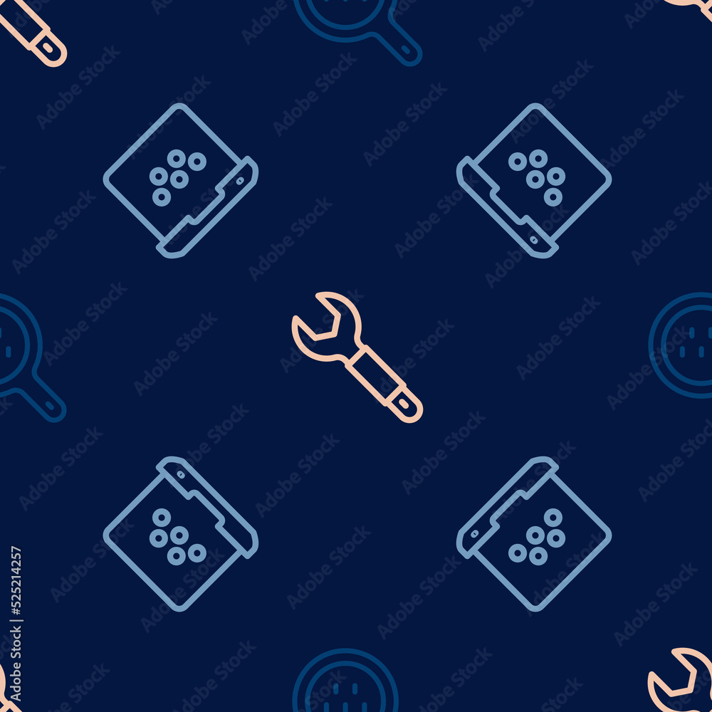 Poster set line search taxi, taxi mobile app and wrench spanner on seamless pattern. vector