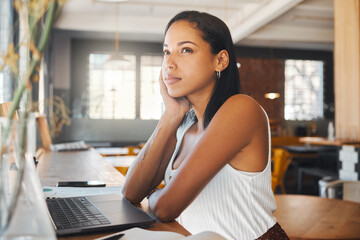 Woman thinking of idea, planning vision and dreaming of solution for thought, mind goal and...