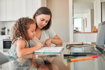 Mother, child and learning of parent helping her daughter with homework in the kitchen for education at home. Mom teaching her girl school work, project or task in her book together at the house.