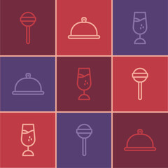 Set line Lollipop, Wine glass and Covered with tray of food icon. Vector