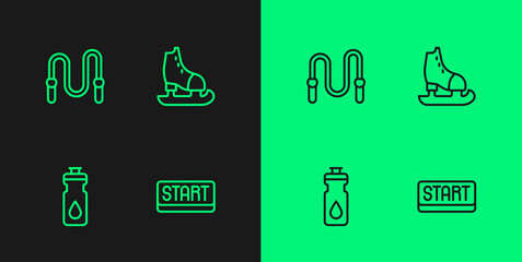 Set line Ribbon in finishing line, Fitness shaker, Jump rope and Skates icon. Vector