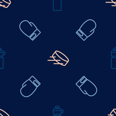 Set line Fitness shaker, Boxing glove and Hockey puck on seamless pattern. Vector