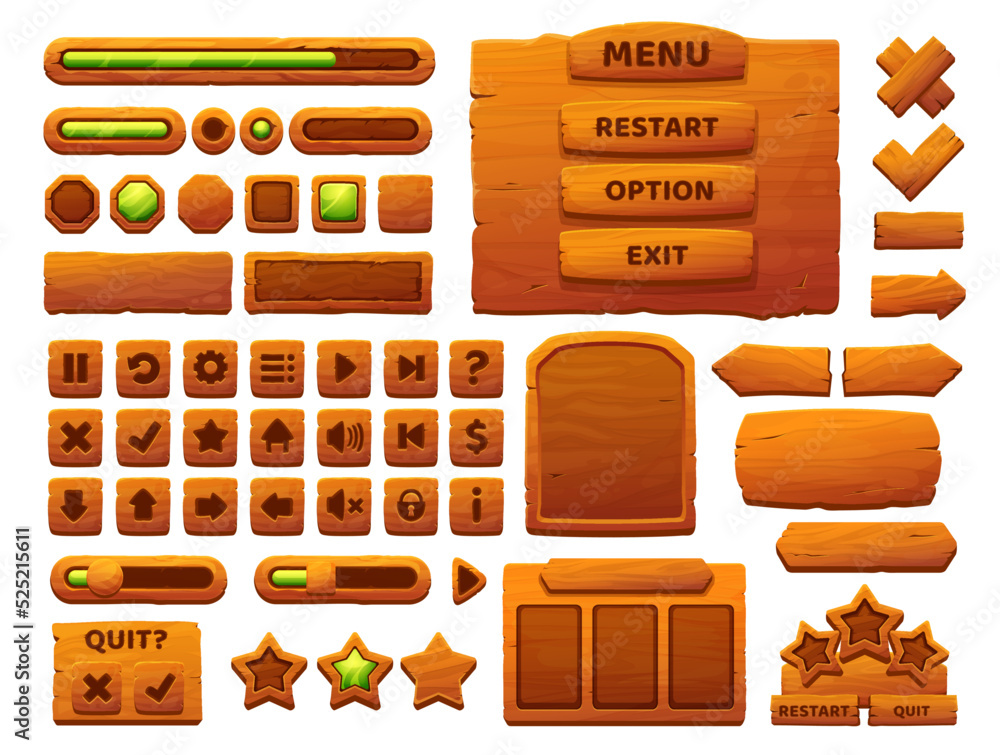Poster wooden buttons cartoon interface. ui game, gui elements with wooden texture. game interface menu opt