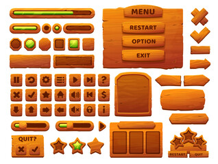 Wooden buttons cartoon interface. UI game, GUI elements with wooden texture. Game interface menu options, bars and sliders, user interface vector icons and buttons, wooden banners, arrows and pointers - obrazy, fototapety, plakaty