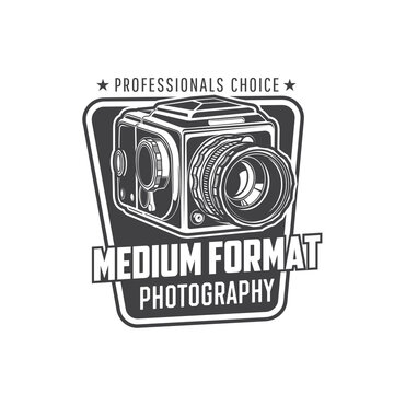 Vintage medium format camera icon, photography studio and photographer equipment, isolated vector. Old retro photo camera of analogue medium format lens and roll film