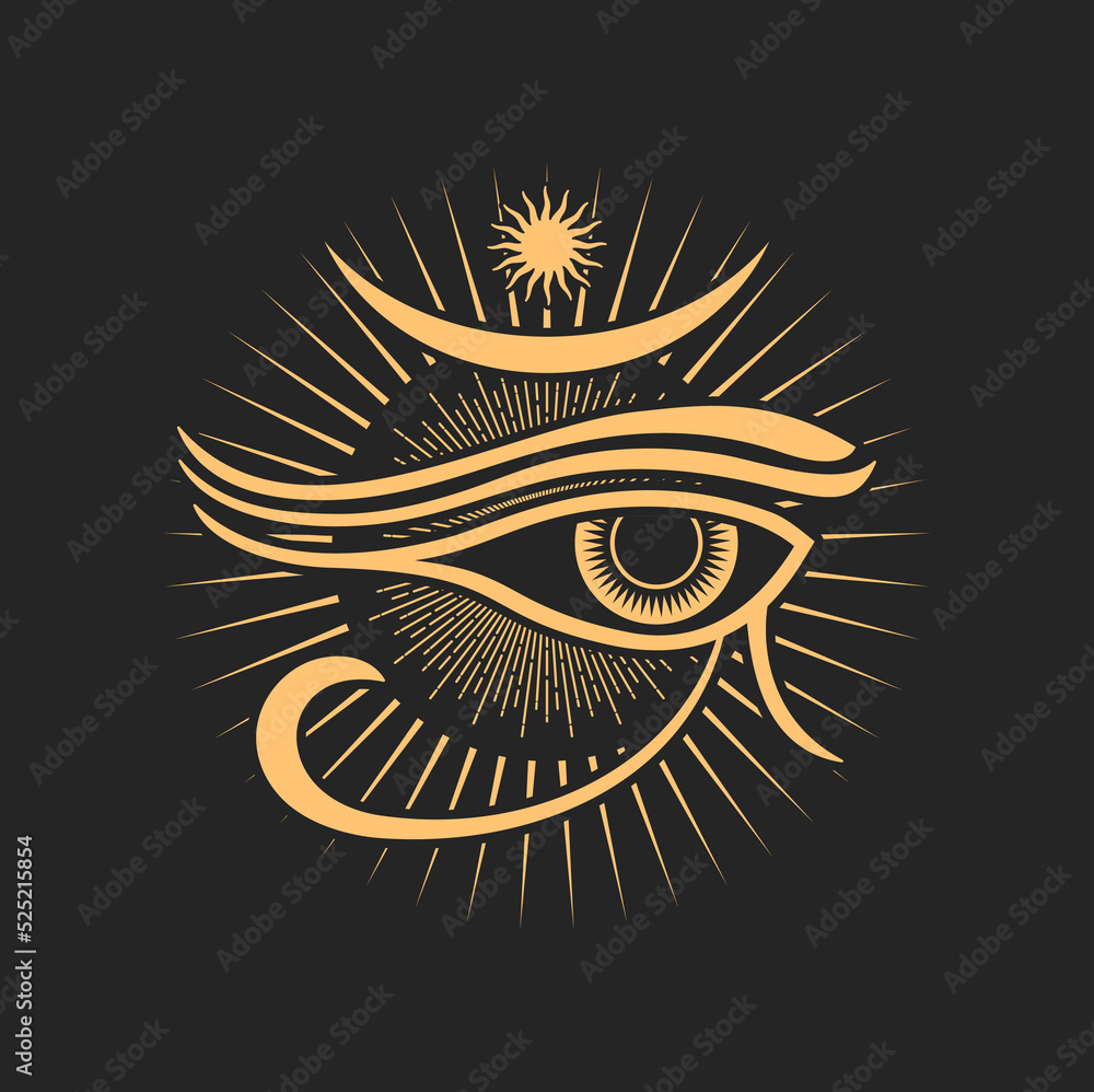 Wall mural Occult esoteric symbol egyptian Horus all-seeing eye, sun with radiant rays. Vector spiritual magic emblem, isolated alchemy, wicca or pagan sign