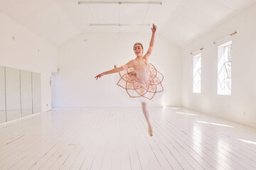 Ballet, passion and art performance with ballerina express freedom with classic, elegant move in a...