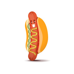 Cartoon hot dog fast food character, isolated vector hotdog street junk meal personage with sausage, mustard and cucumbers. Bistro, restaurant or takeaway cafe meal character