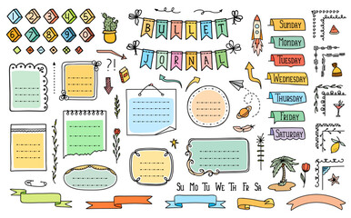 Bullet journal color doodle, diary calendar or notebook frames, stickers and banners, vector element. Bullet journal page arrows or sketch book week day labels and calendar planner memo ribbons