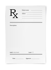 Medical prescription RX form, pharmacy and hospital paper sheet, vector template. RX prescription blank or doctor and pharmacist document for patient drugs and pills or medicine refill - obrazy, fototapety, plakaty