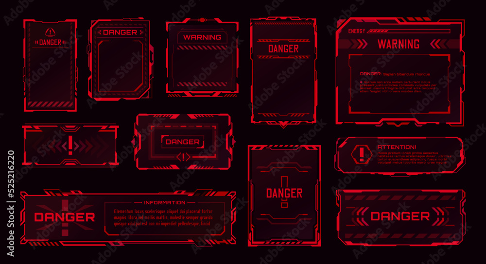 Leinwandbilder HUD danger zone, warning alert and attention red frames, vector futuristic game interface. HUD and cyber UI dashboard with danger warning boxes, alarm signs and red borders for alert caution message