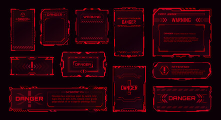 HUD danger zone, warning alert and attention red frames, vector futuristic game interface. HUD and cyber UI dashboard with danger warning boxes, alarm signs and red borders for alert caution message