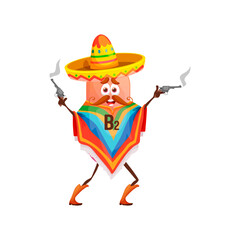 Cartoon vitamin B2 mexican cowboy character. Funny vector riboflavin western ranger or horseman wear sombrero and poncho with steaming guns. Pink isolated smiling capsule pill personage