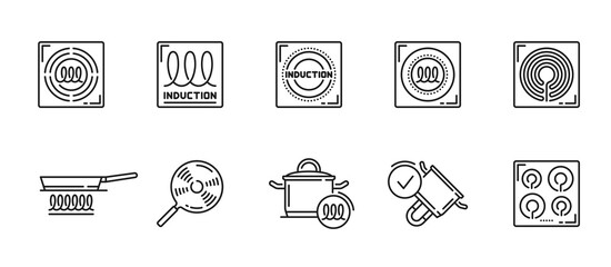Induction icons of cooker stove top or kitchen hob and cookware, vector spiral symbols. Induction compatible kitchenware linear signs of saucepan or frying pan suitable for cooker stoves and cooktops