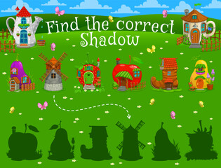 Find the correct shadow of fairytale magic houses and dwellings. Kids vector game worksheet with eggplant, windmill, strawberry, apple, boot and pear with teapot and cup cottage silhouettes quiz