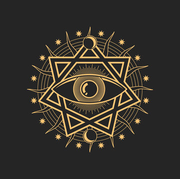 Magic tarot sign, eye occult and esoteric symbol, pentagram star, sun and rays. Vector mason and magic tarot sacred talisman, occultism icon
