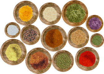 Watercolor dry kitchen spices in wooden bowl: pepper, chili, curcuma, ginger, cardamom, nutmeg