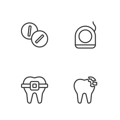 Set line Broken tooth, Teeth with braces, Toothache painkiller tablet and Dental floss icon. Vector