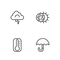 Set line Umbrella, Thermometer, Cloud and lightning and Eclipse of the sun icon. Vector