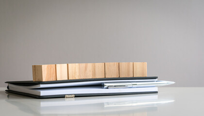 Eight blank wooden block cubes on top of a notepad with pen. Free text and template for business concept.