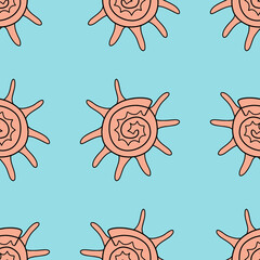 Orange sunburst star turban shells on light blue seamless pattern vector illustration. Funny cartoon sea shells regular surface design. Sea vacations mood simple pattern for textile, clothes and more