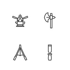 Set line Rasp metal file, Air blower bellows, Anvil and hammer and Medieval axe icon. Vector