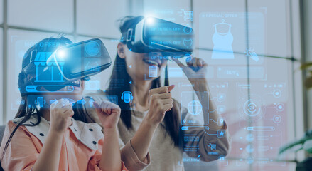 Portrait of family mother and asian girl use glasses of technology virtual reality headset for fashion online shopping summer sale and buy something purchases.online shopping VR metaverse technology