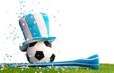 soccer ball with top hat, vuvuzela and light blue and white confetti