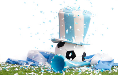 soccer ball with top hat, vuvuzela and light blue and white confetti