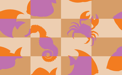 Vector composition with fish, seahorse and crab in orange, purple and brown colors. Design for wallpaper, wrapping paper, background, fabric, shirt, t-shirt, packaging, tablecloths, seamless.