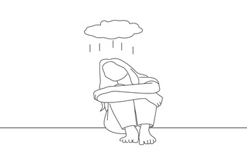 Illustration of panic attacks young girl sad fear stressful depressed emotional crying use hands cover. Oneline art drawing style