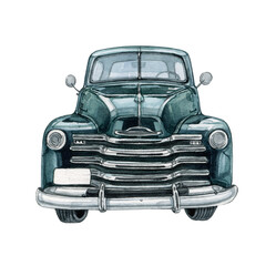Watercolor retro pickup truck icon. Vintage American classic farmhouse car, emerald green farm truck, old car from 50s. Isolated on white background - obrazy, fototapety, plakaty