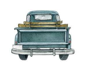 Watercolor retro pickup truck icon. Vintage American classic farmhouse car, emerald green farm truck, old car from 50s. Isolated on white background © Fefelova Yana