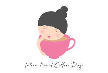 International  coffee cute girl drinking hot coffee cup isolated vector illustration. Coffee concept background