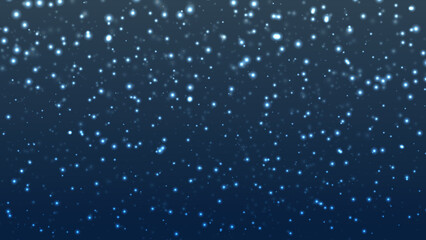 Naklejka na ściany i meble Beautiful snowflake on blurred blue. Snowfall and glitter glow. Winter night background with falling snow. Blue bokeh background like starry sky. Illustration of lights on a dark background.