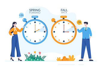 Daylight Savings Time Hand Drawn Flat Cartoon Illustration with Alarm Clock or Calendar from Summer to Spring Forward Design