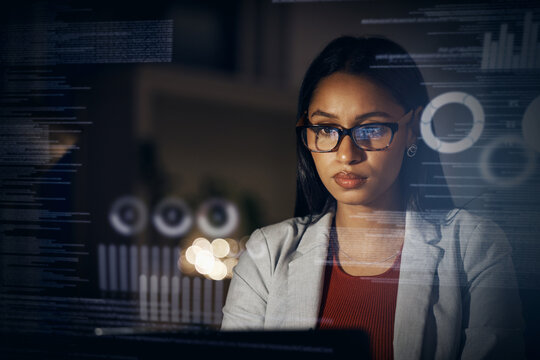 Digital IT technician or software developer coding user interface or UX program code on computer at night. Futuristic javascript SSL language with genius female engineer reading security information.