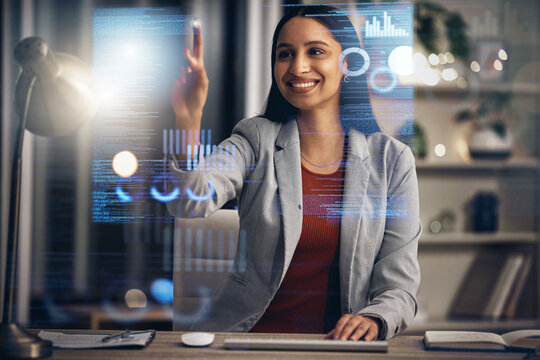 Digital IT technician or software developer coding user interface or UX program code on cgi 3D screen. Futuristic javascript SSL language with genius female engineer reading security information