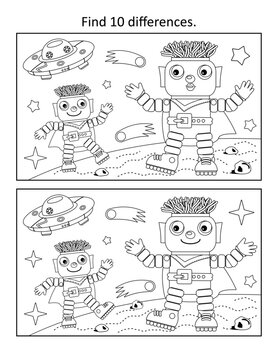 Robots on Mars. Exploring outer space. Difference game and coloring page.
